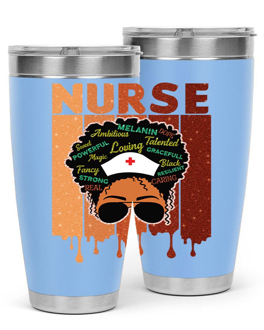 Black Nurse African Melanin Juneteenth tumbler, showcasing vibrant design and stainless steel construction.