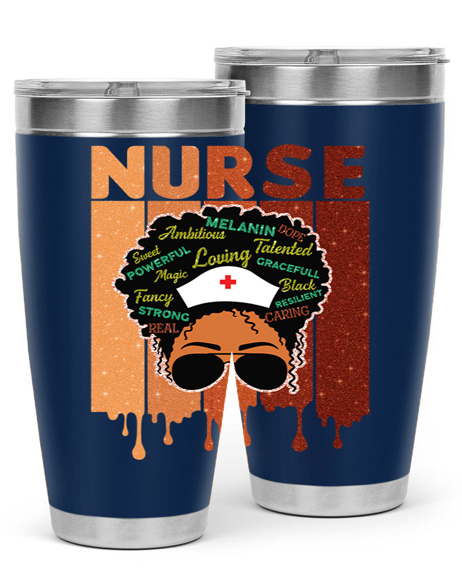 Black Nurse African Melanin Juneteenth tumbler, showcasing vibrant design and stainless steel construction.