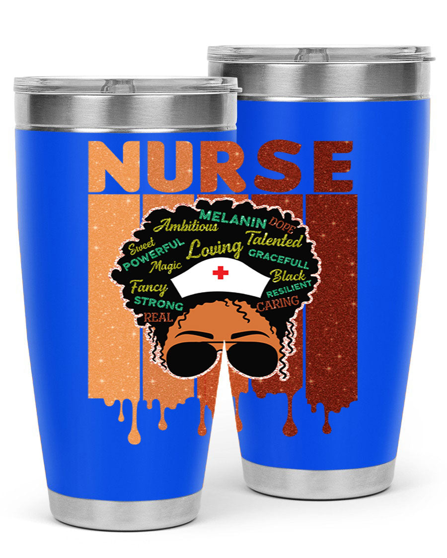 Black Nurse African Melanin Juneteenth tumbler, showcasing vibrant design and stainless steel construction.