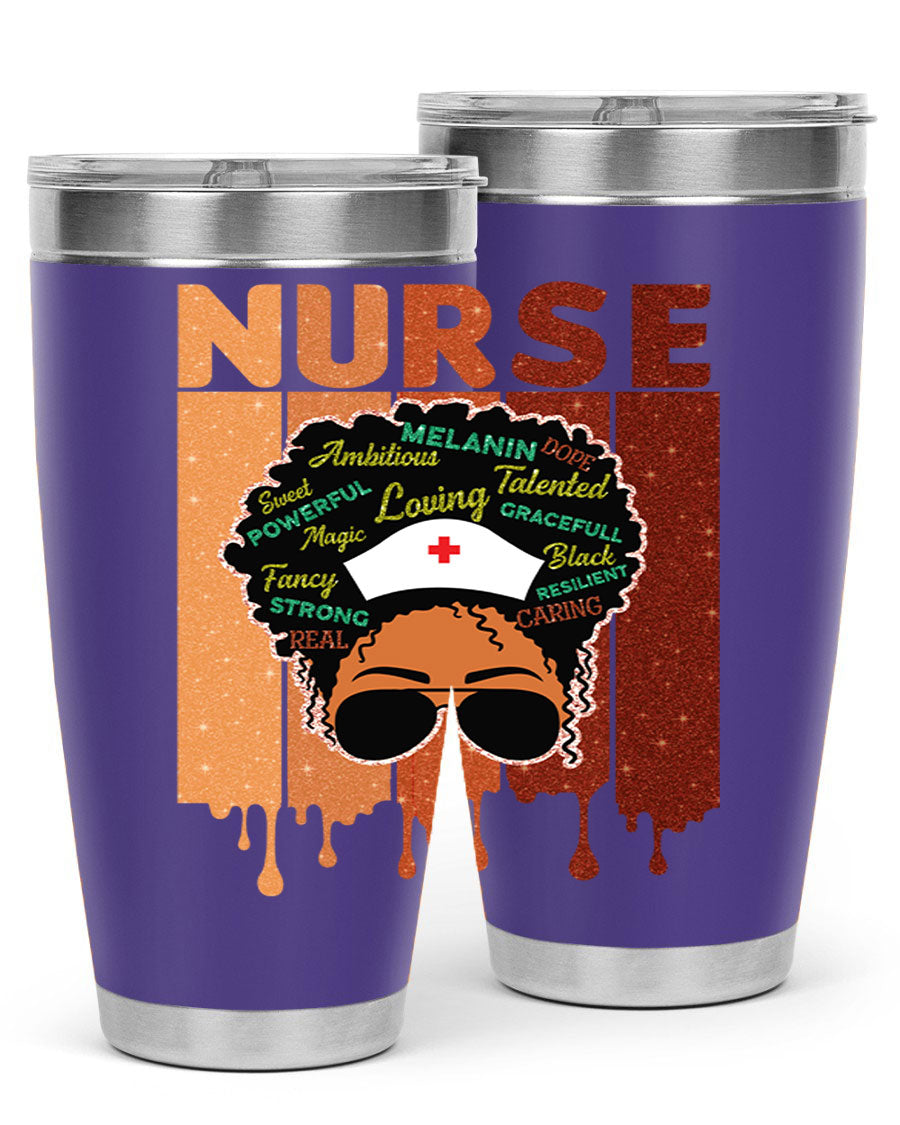 Black Nurse African Melanin Juneteenth tumbler, showcasing vibrant design and stainless steel construction.