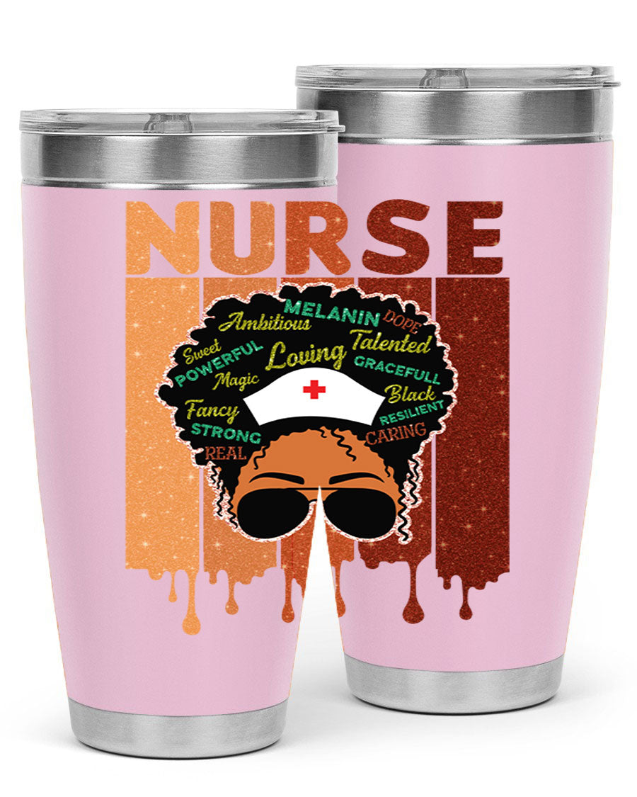 Black Nurse African Melanin Juneteenth tumbler, showcasing vibrant design and stainless steel construction.
