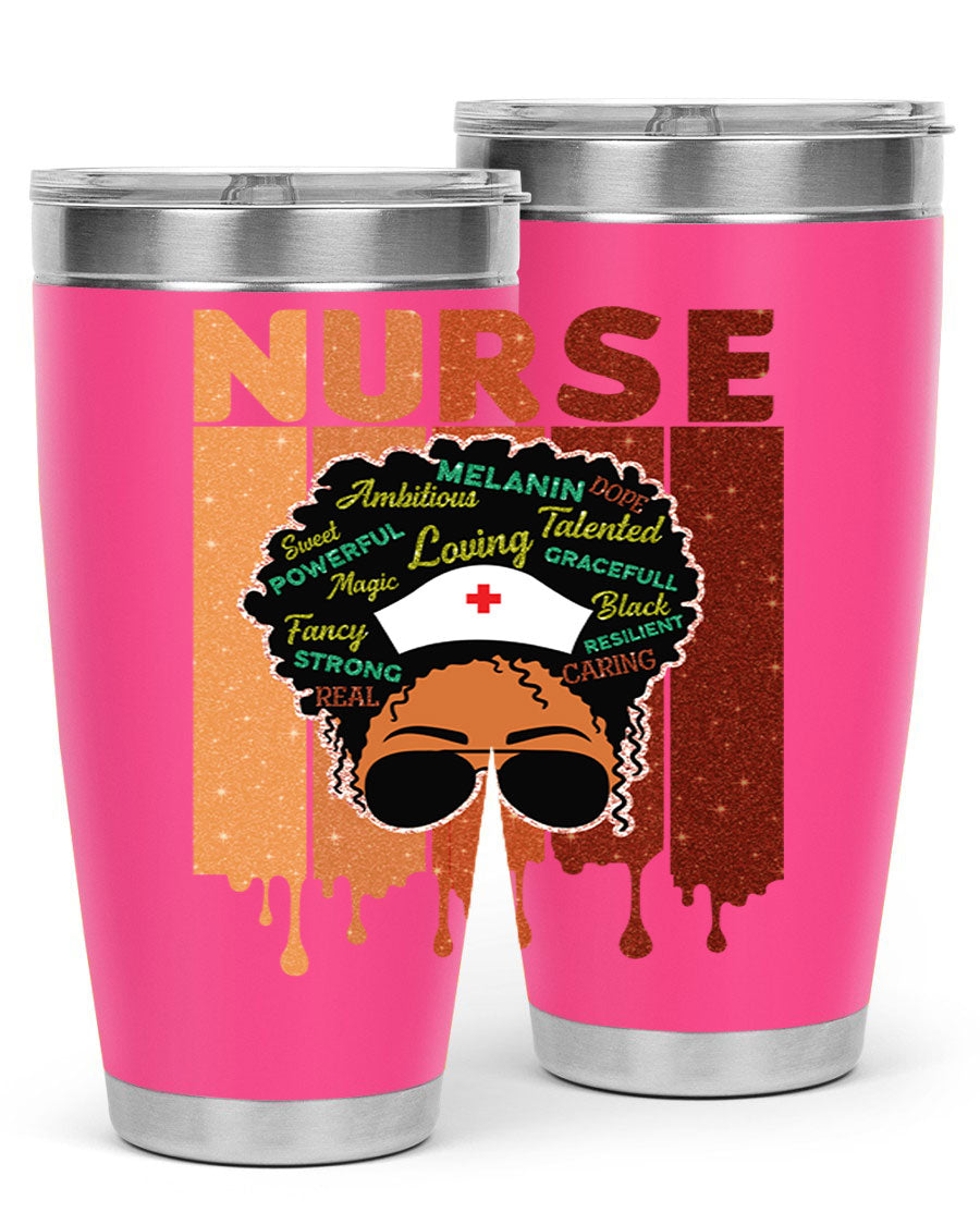 Black Nurse African Melanin Juneteenth tumbler, showcasing vibrant design and stainless steel construction.