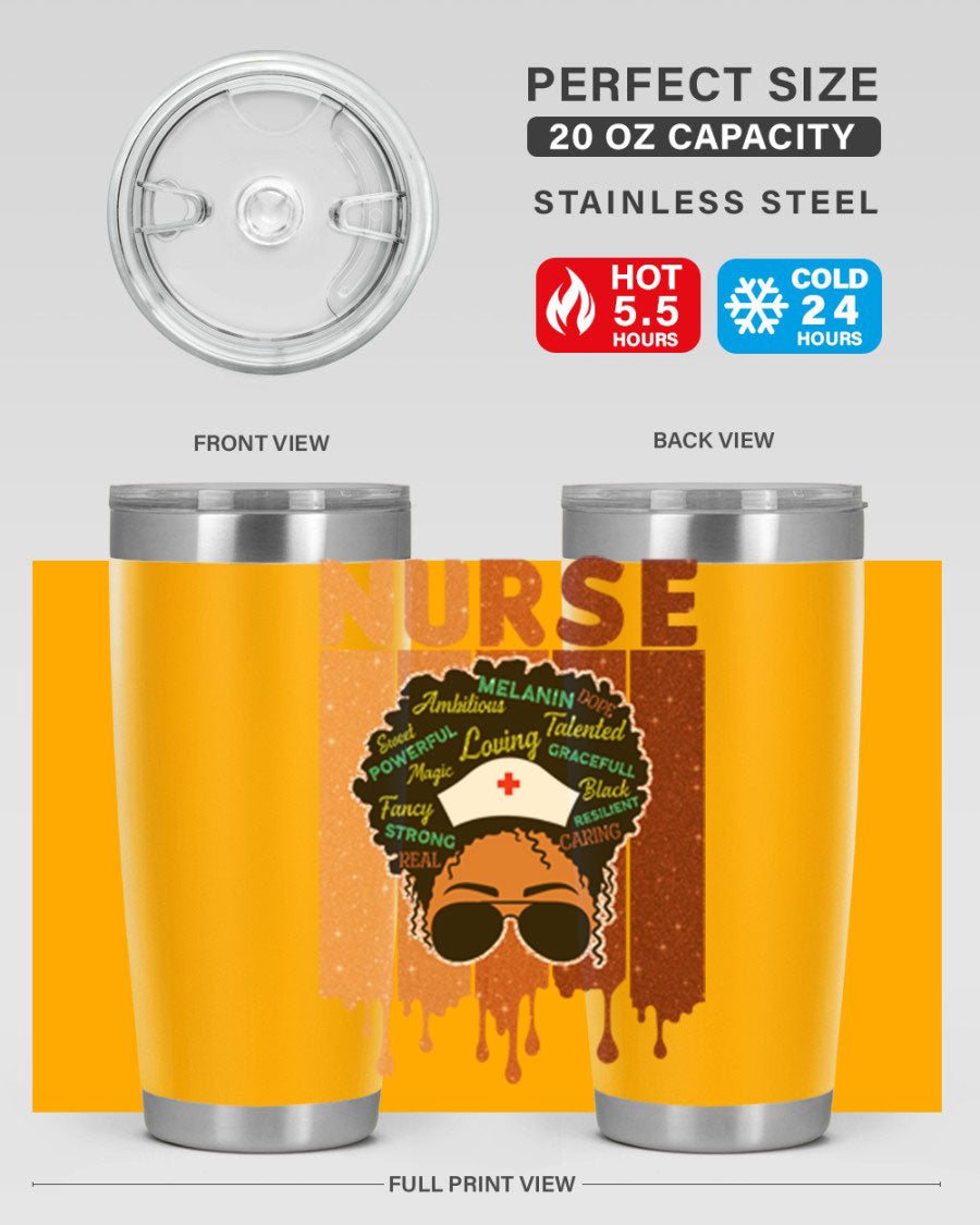 Black Nurse African Melanin Juneteenth tumbler, showcasing vibrant design and stainless steel construction.