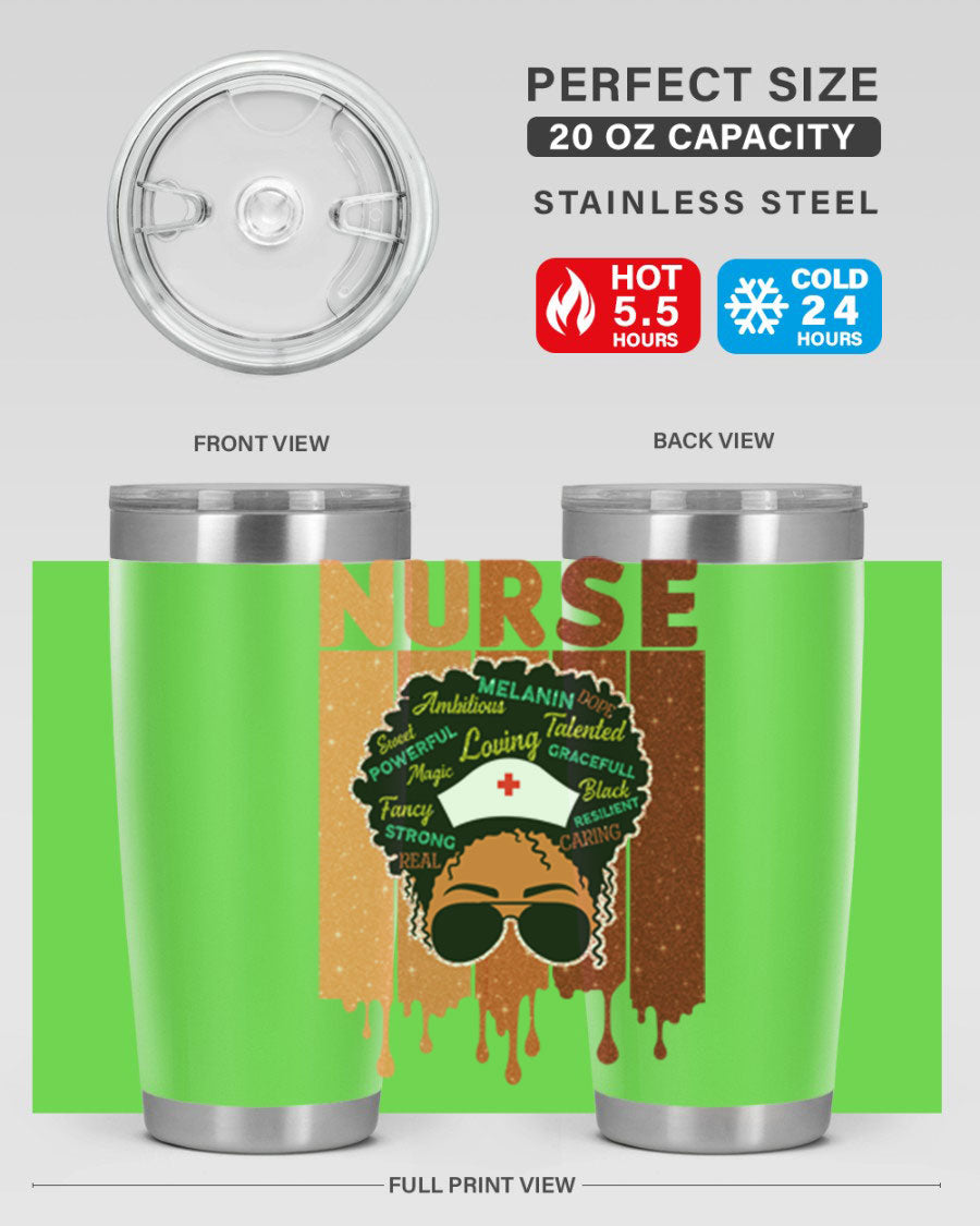 Black Nurse African Melanin Juneteenth tumbler, showcasing vibrant design and stainless steel construction.