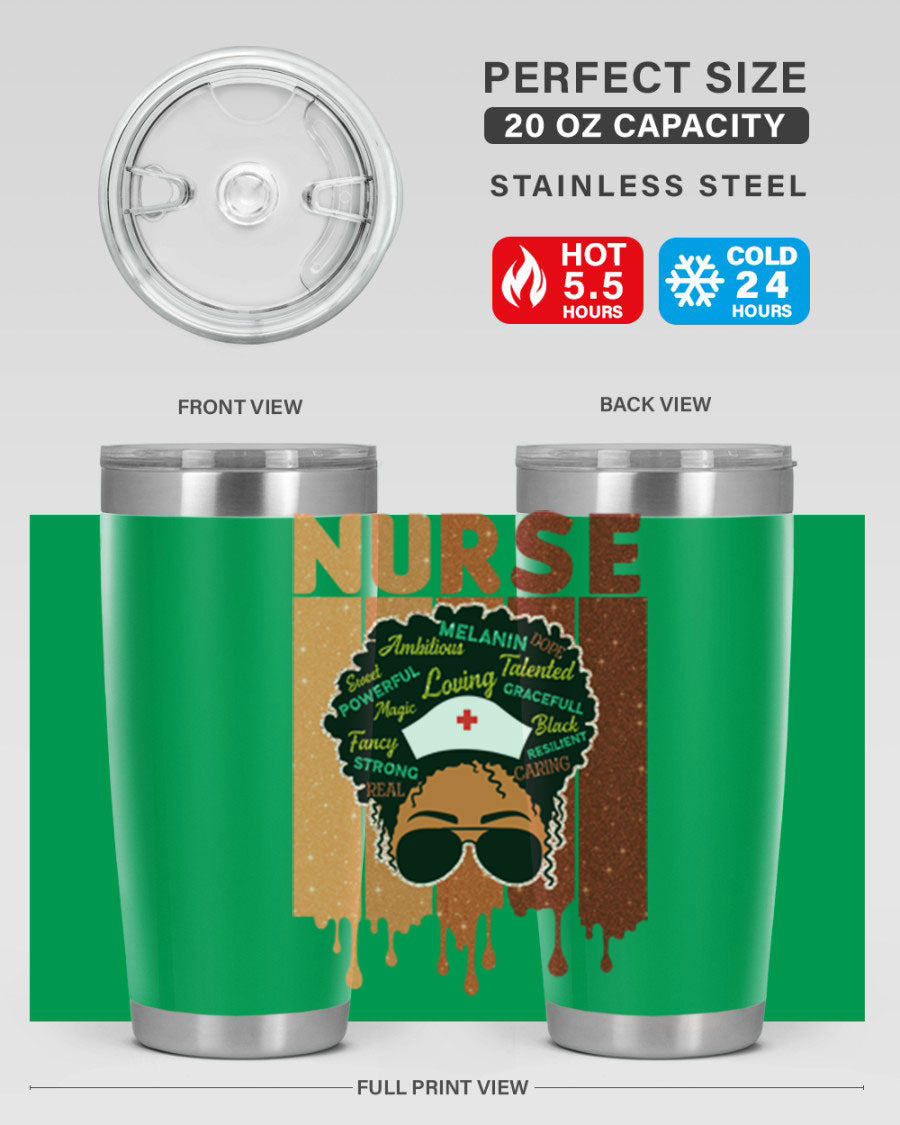 Black Nurse African Melanin Juneteenth tumbler, showcasing vibrant design and stainless steel construction.