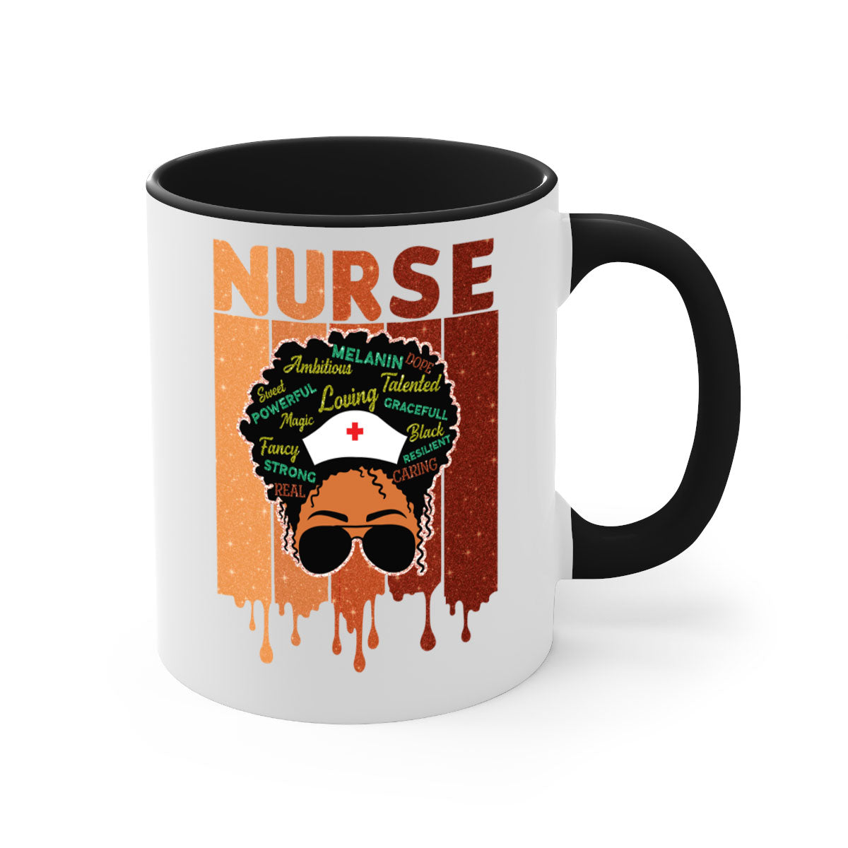 Black Nurse African Melanin Juneteenth Mug with colorful handle and glossy finish, available in multiple sizes.