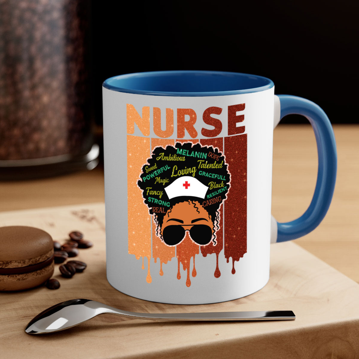 Black Nurse African Melanin Juneteenth Mug with colorful handle and glossy finish, available in multiple sizes.