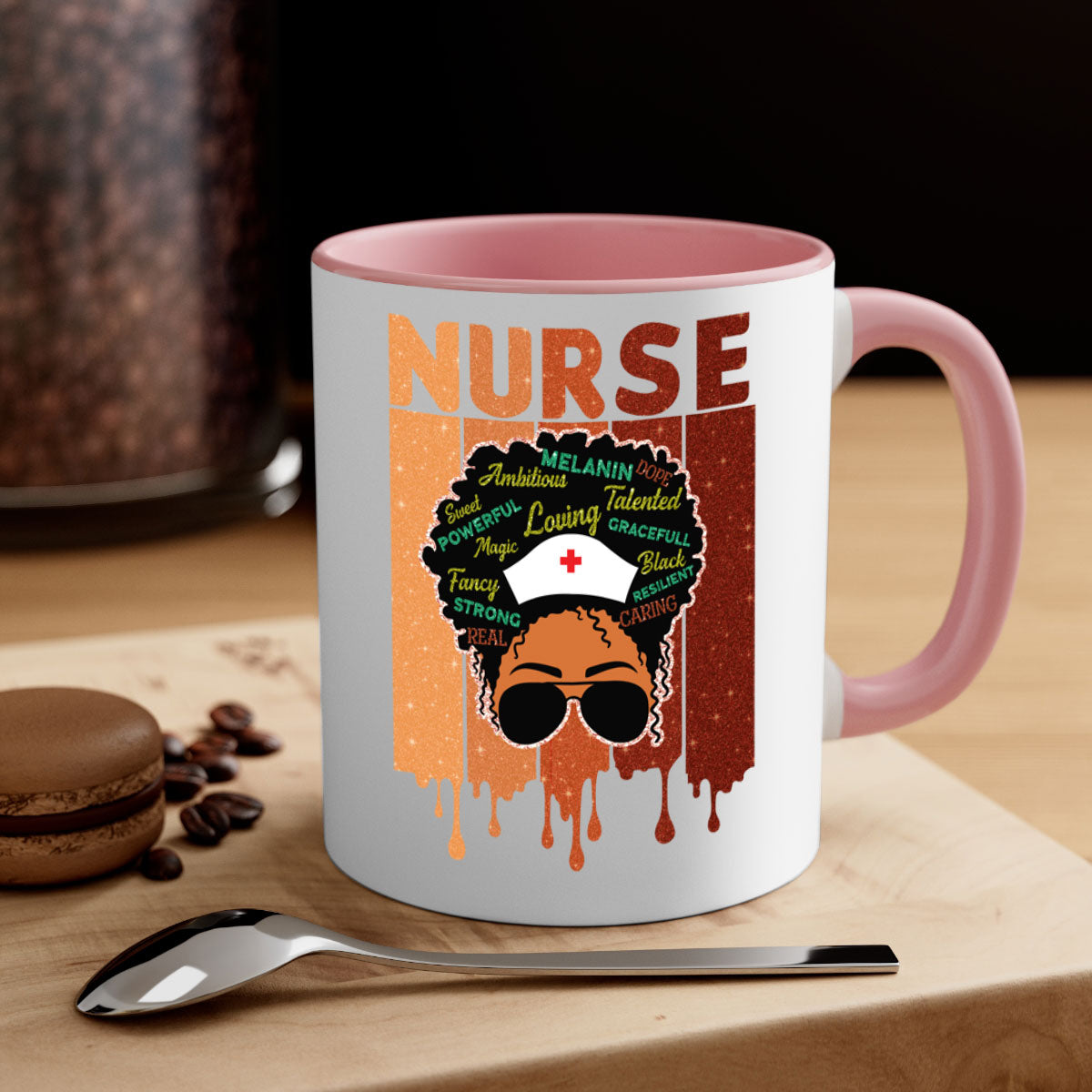 Black Nurse African Melanin Juneteenth Mug with colorful handle and glossy finish, available in multiple sizes.