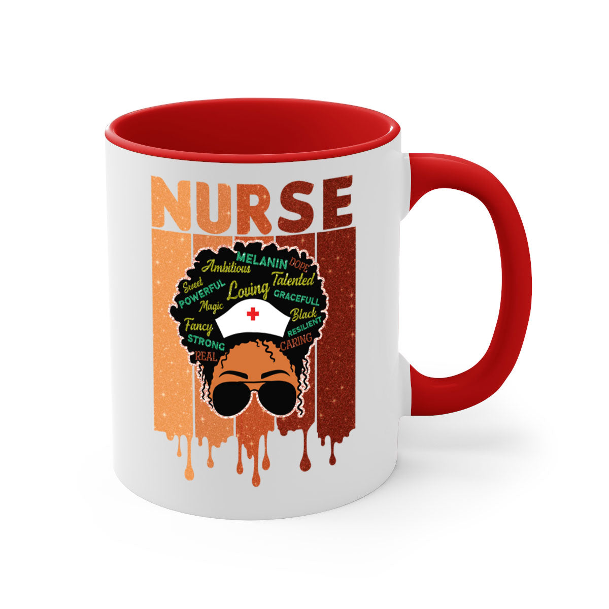 Black Nurse African Melanin Juneteenth Mug with colorful handle and glossy finish, available in multiple sizes.