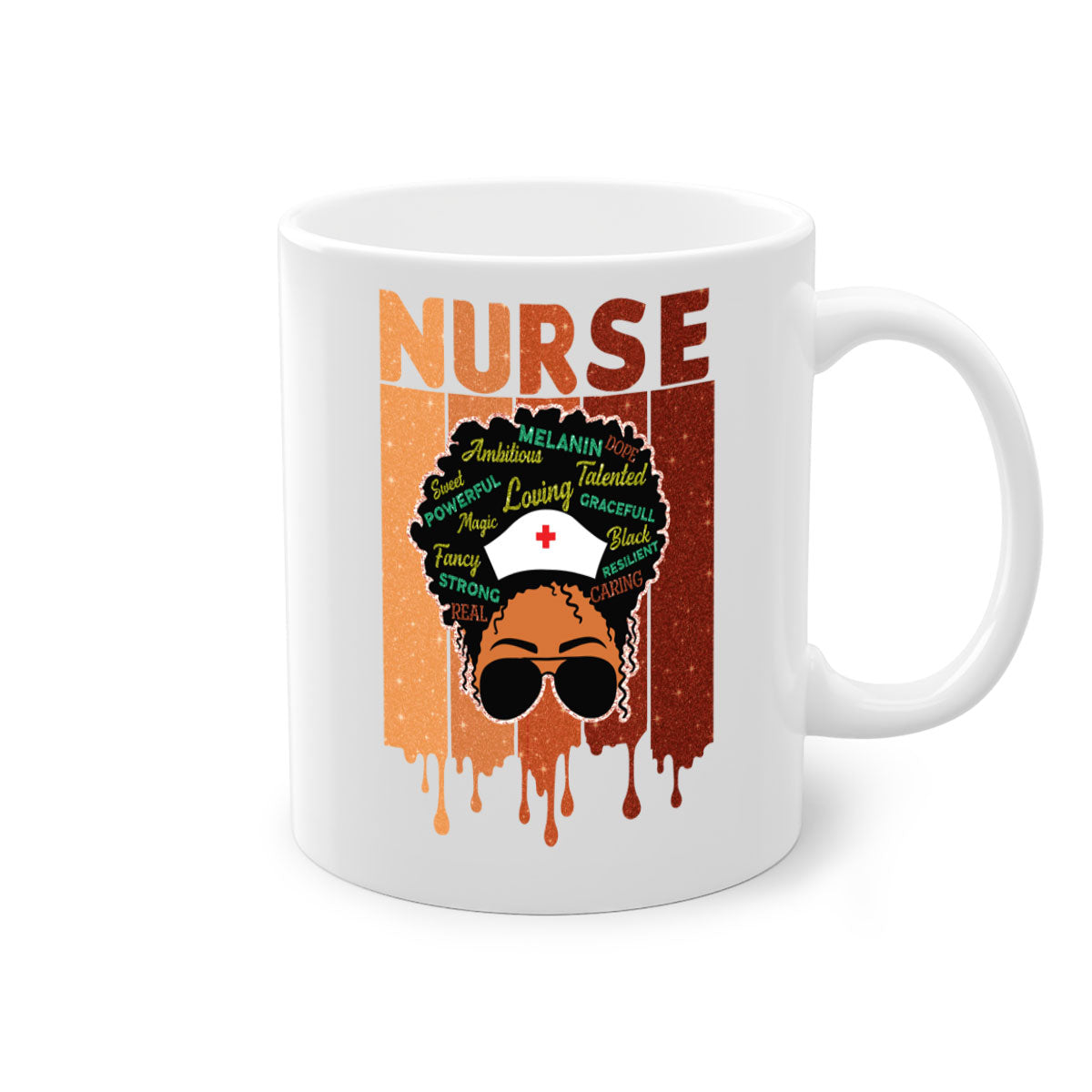 Black Nurse African Melanin Juneteenth Mug with colorful handle and glossy finish, available in multiple sizes.