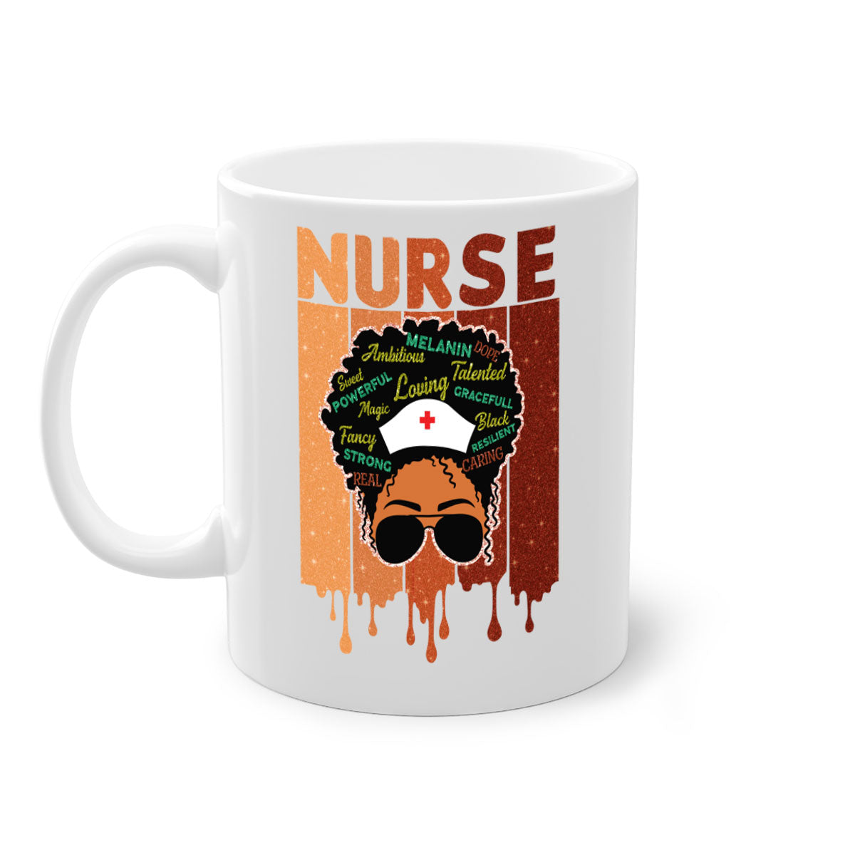 Black Nurse African Melanin Juneteenth Mug with colorful handle and glossy finish, available in multiple sizes.