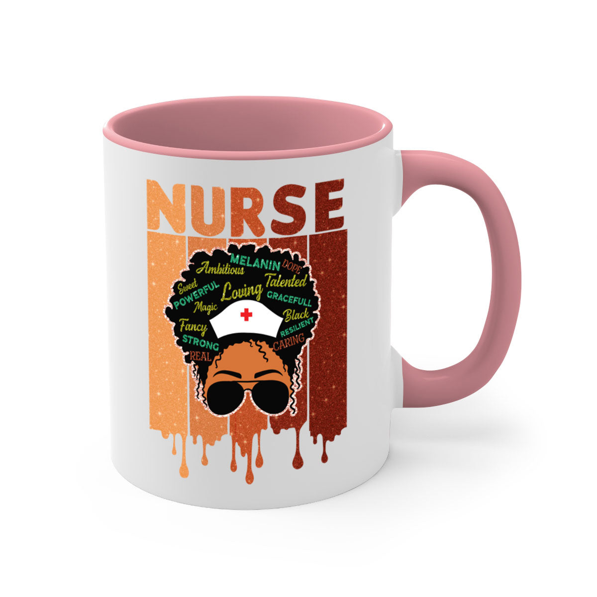 Black Nurse African Melanin Juneteenth Mug with colorful handle and glossy finish, available in multiple sizes.