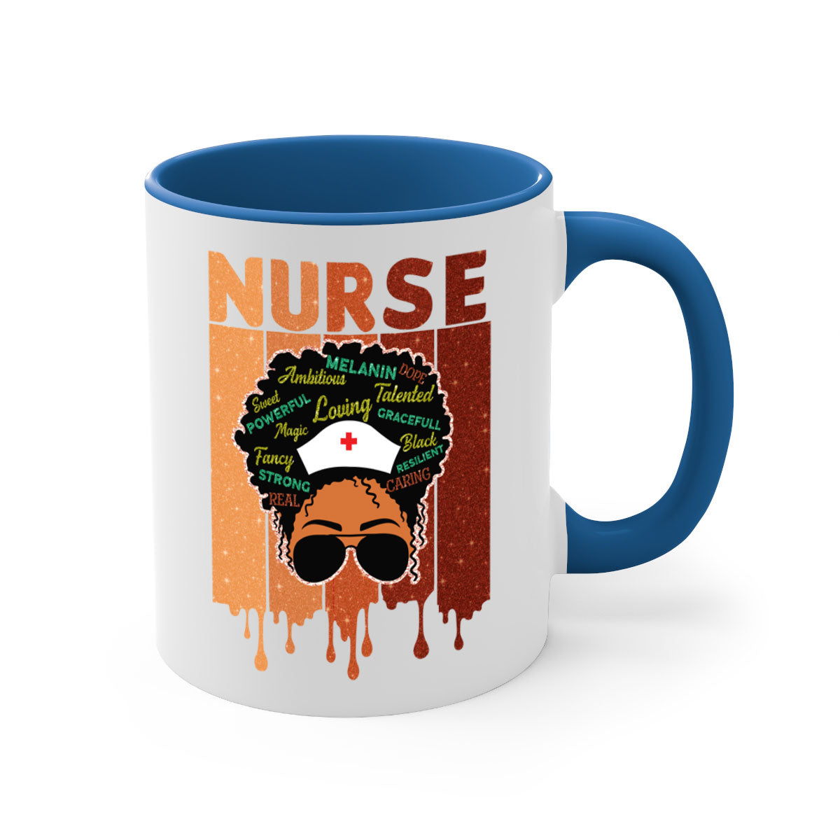 Black Nurse African Melanin Juneteenth Mug with colorful handle and glossy finish, available in multiple sizes.