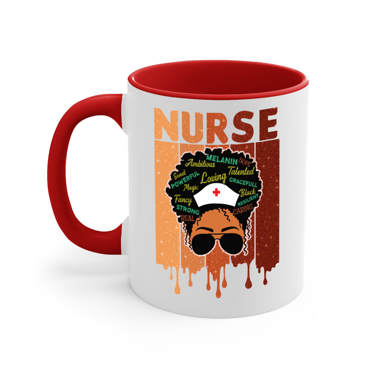 Black Nurse African Melanin Juneteenth Mug with colorful handle and glossy finish, available in multiple sizes.