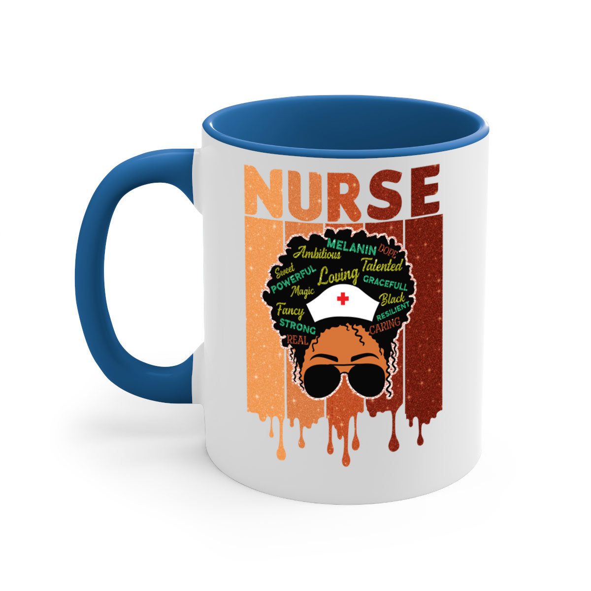 Black Nurse African Melanin Juneteenth Mug with colorful handle and glossy finish, available in multiple sizes.