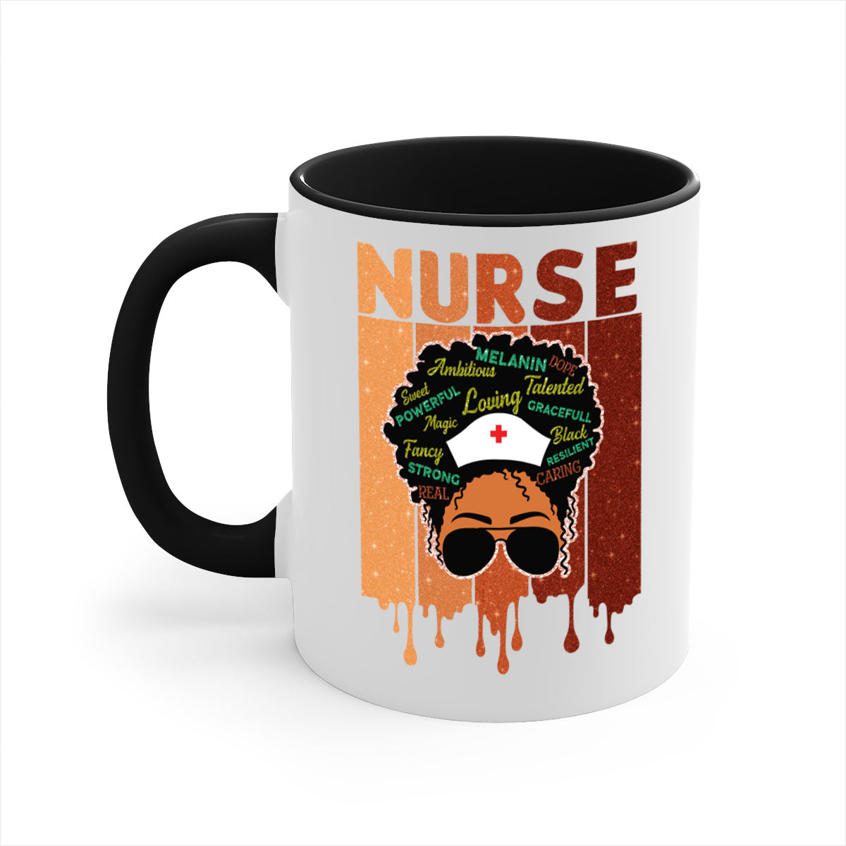Black Nurse African Melanin Juneteenth Mug with colorful handle and glossy finish, available in multiple sizes.