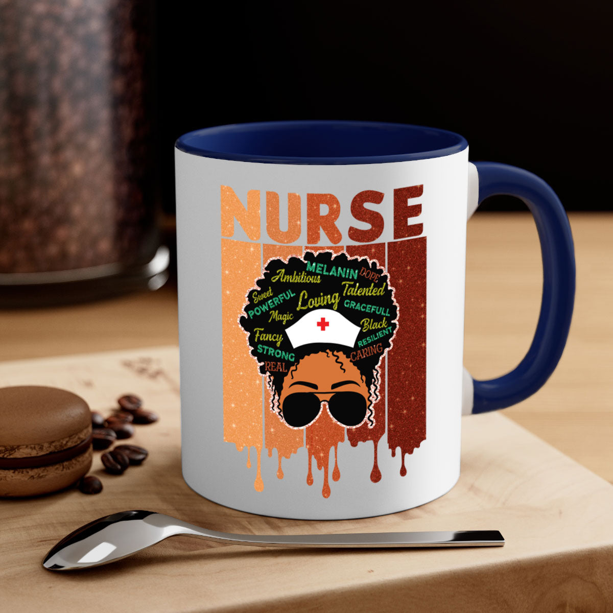 Black Nurse African Melanin Juneteenth Mug with colorful handle and glossy finish, available in multiple sizes.