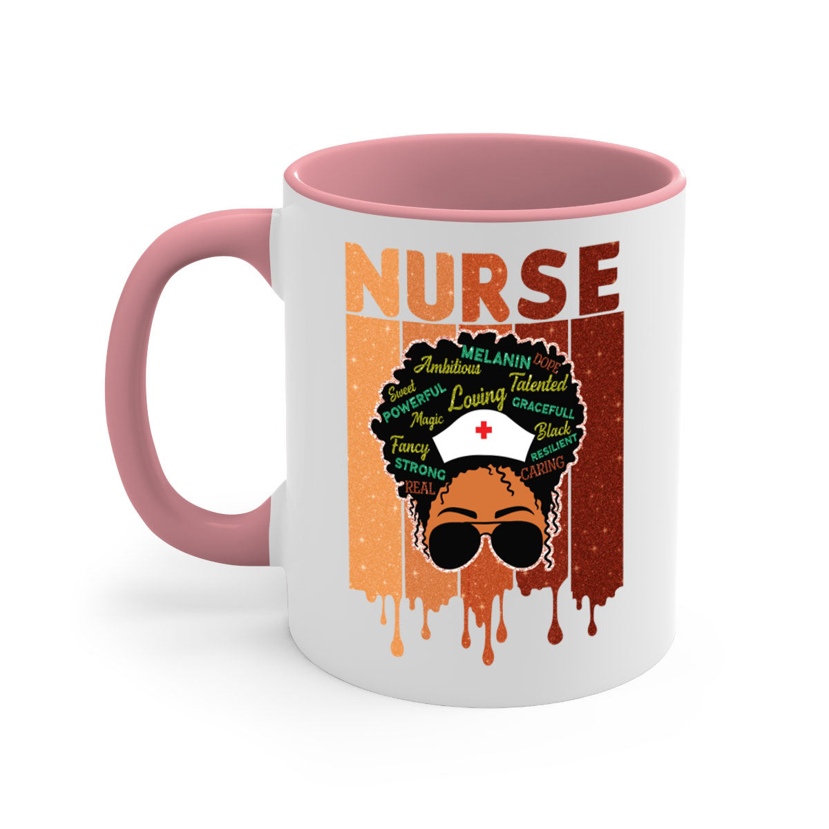 Black Nurse African Melanin Juneteenth Mug with colorful handle and glossy finish, available in multiple sizes.