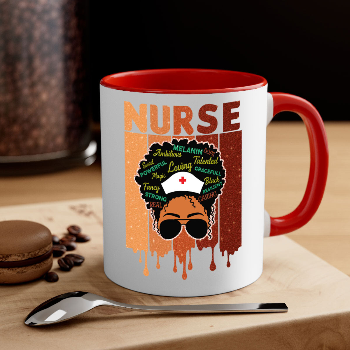 Black Nurse African Melanin Juneteenth Mug with colorful handle and glossy finish, available in multiple sizes.