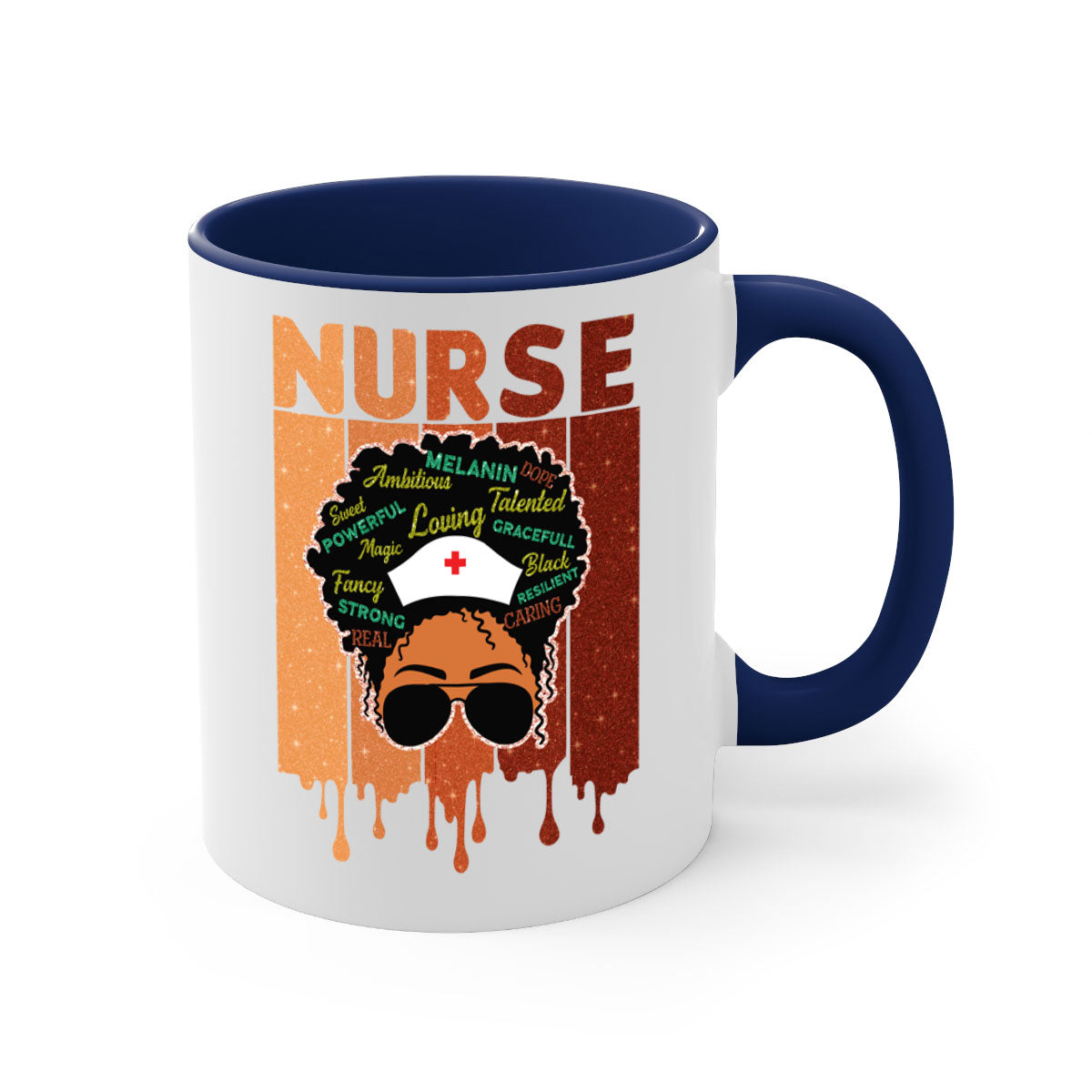 Black Nurse African Melanin Juneteenth Mug with colorful handle and glossy finish, available in multiple sizes.