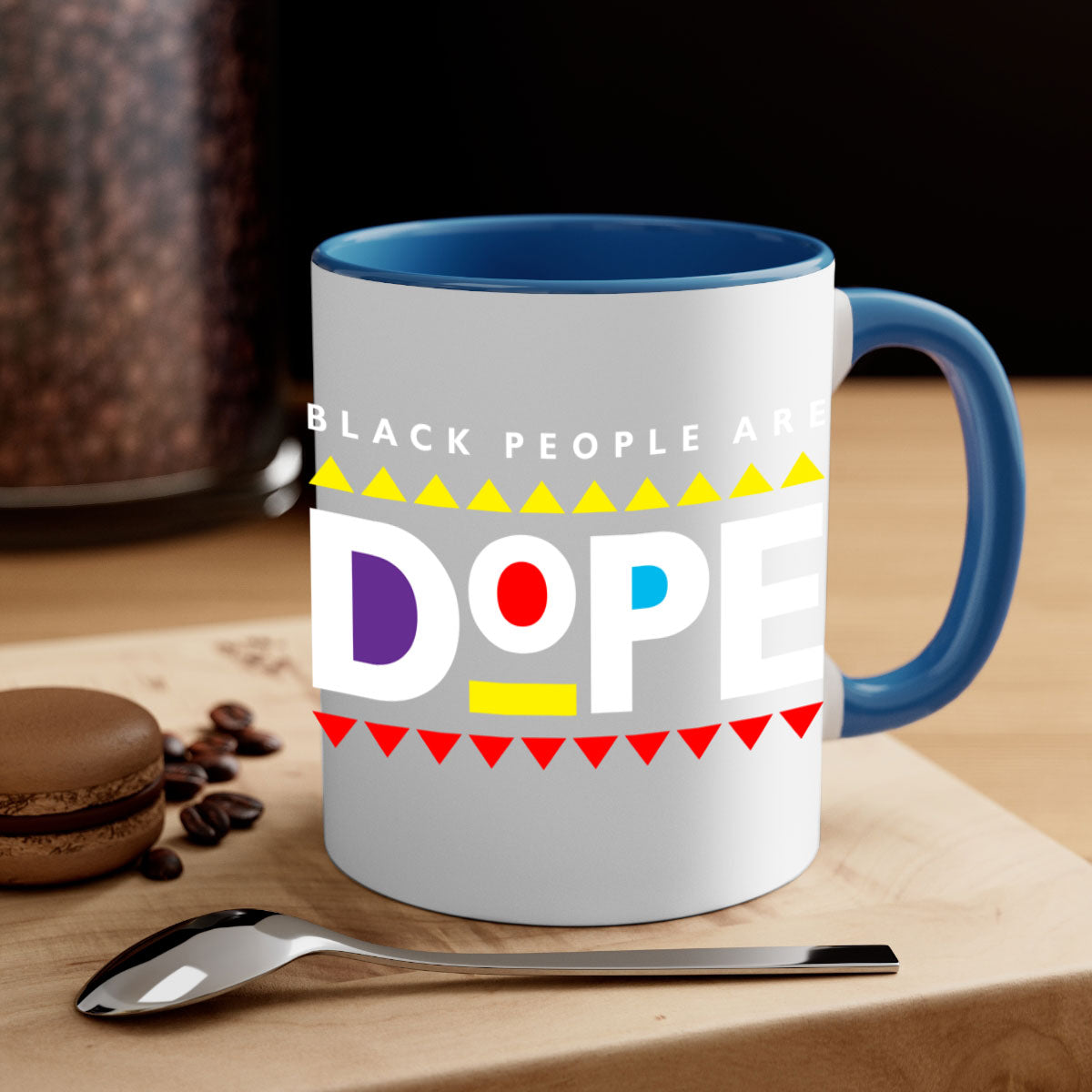 A stylish two-tone ceramic mug with the phrase 'Black People Are Dope' printed on it, featuring a colored handle and glossy finish.