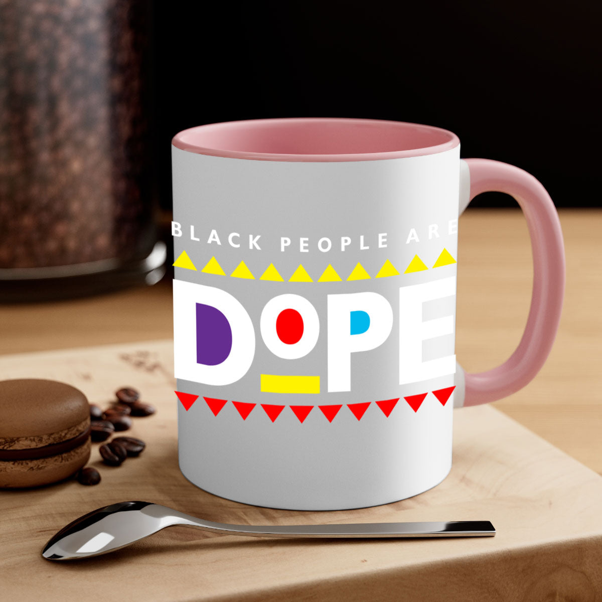 A stylish two-tone ceramic mug with the phrase 'Black People Are Dope' printed on it, featuring a colored handle and glossy finish.