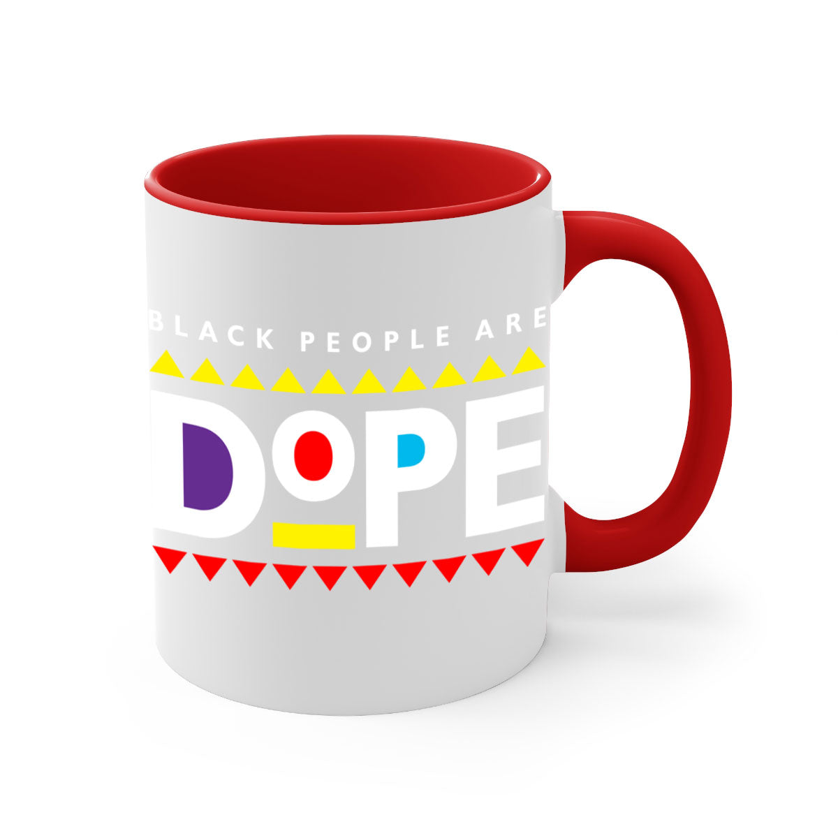 A stylish two-tone ceramic mug with the phrase 'Black People Are Dope' printed on it, featuring a colored handle and glossy finish.