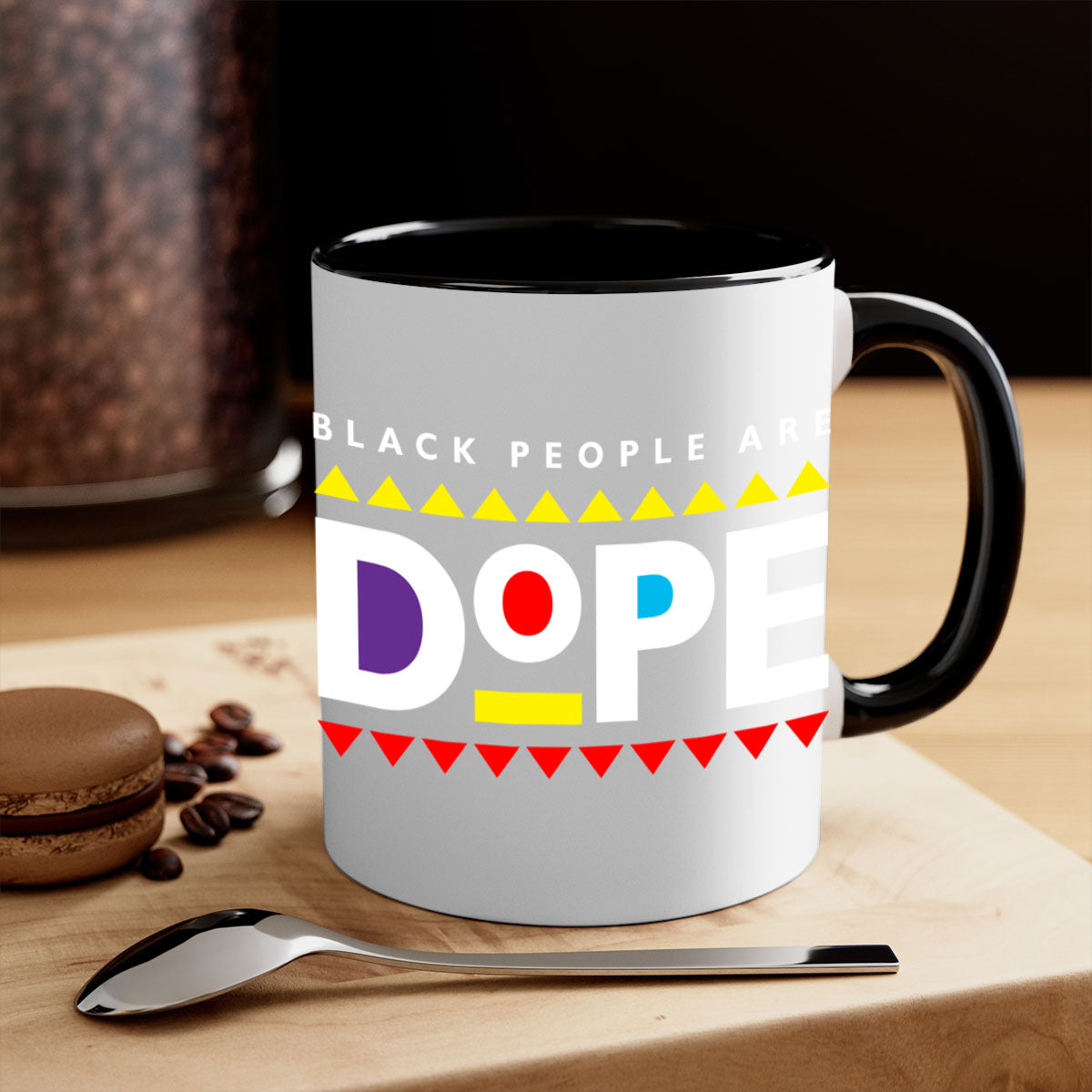A stylish two-tone ceramic mug with the phrase 'Black People Are Dope' printed on it, featuring a colored handle and glossy finish.