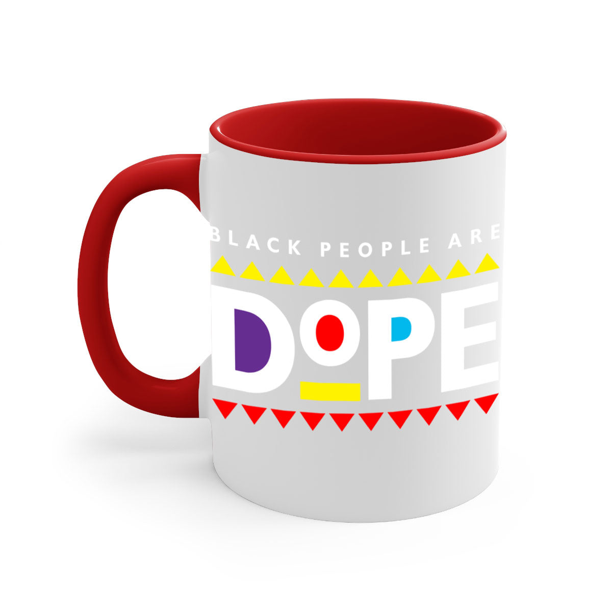 A stylish two-tone ceramic mug with the phrase 'Black People Are Dope' printed on it, featuring a colored handle and glossy finish.