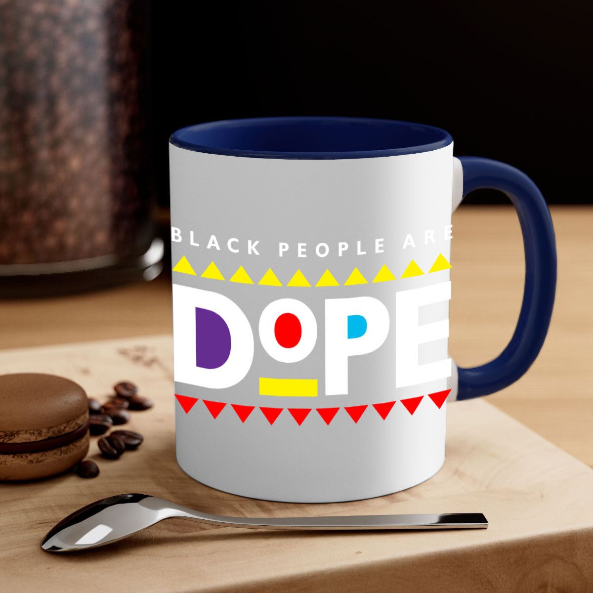 A stylish two-tone ceramic mug with the phrase 'Black People Are Dope' printed on it, featuring a colored handle and glossy finish.