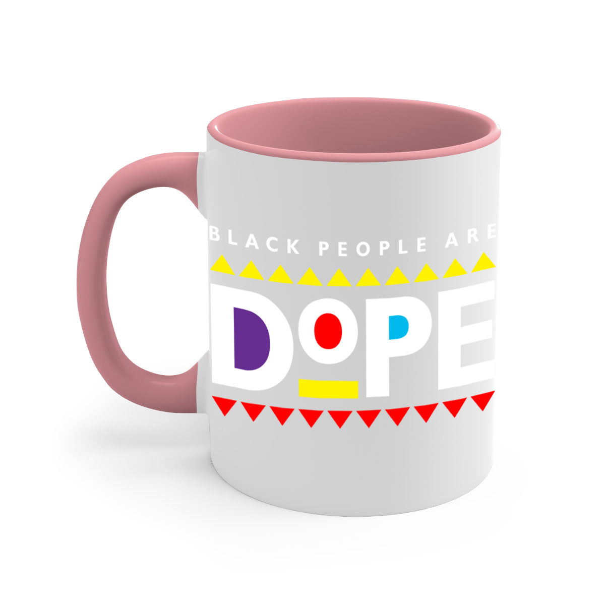 A stylish two-tone ceramic mug with the phrase 'Black People Are Dope' printed on it, featuring a colored handle and glossy finish.
