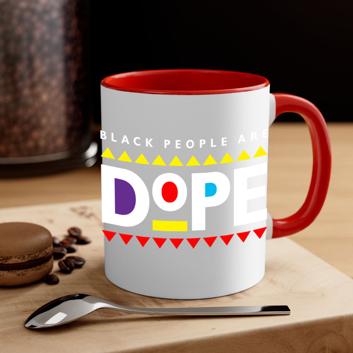 A stylish two-tone ceramic mug with the phrase 'Black People Are Dope' printed on it, featuring a colored handle and glossy finish.
