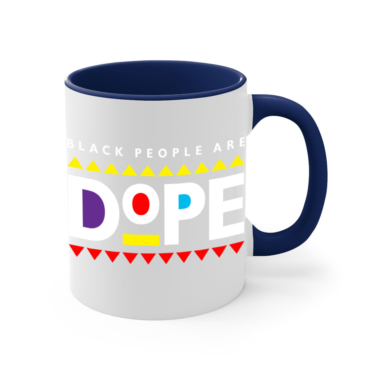 A stylish two-tone ceramic mug with the phrase 'Black People Are Dope' printed on it, featuring a colored handle and glossy finish.
