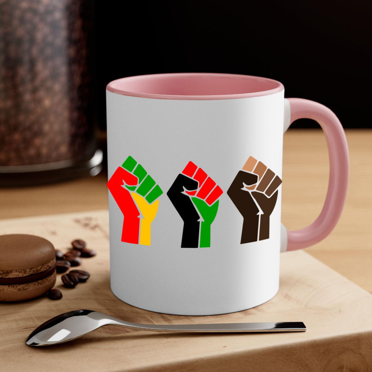 Black Power Fists Mug featuring a glossy finish, colored handle, and interior, available in multiple colors and sizes.
