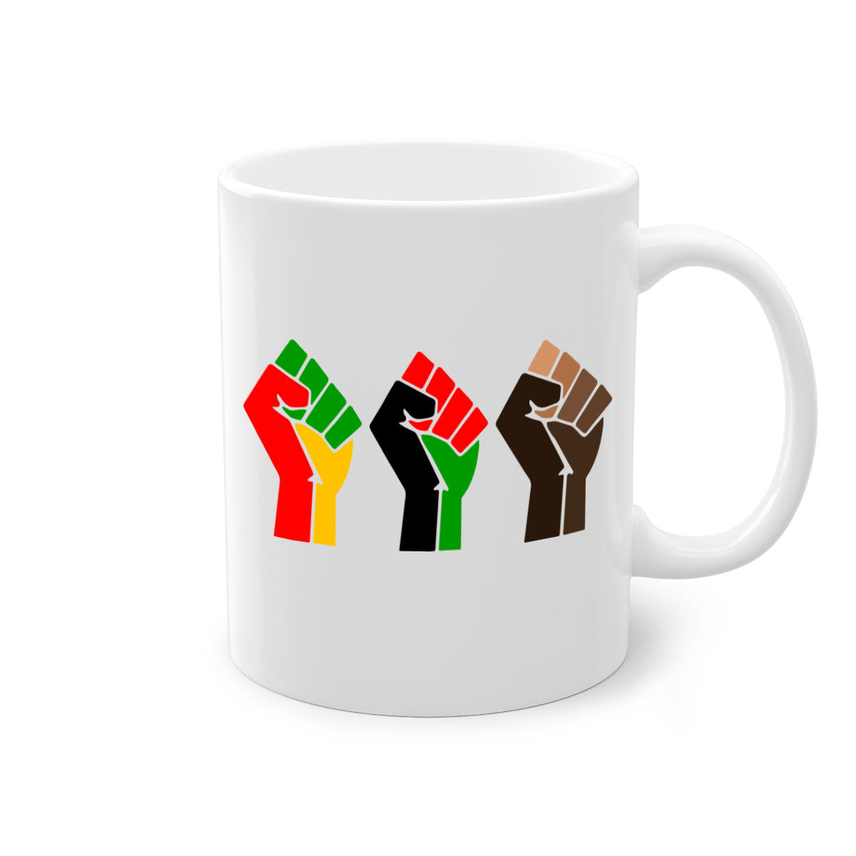 Black Power Fists Mug featuring a glossy finish, colored handle, and interior, available in multiple colors and sizes.