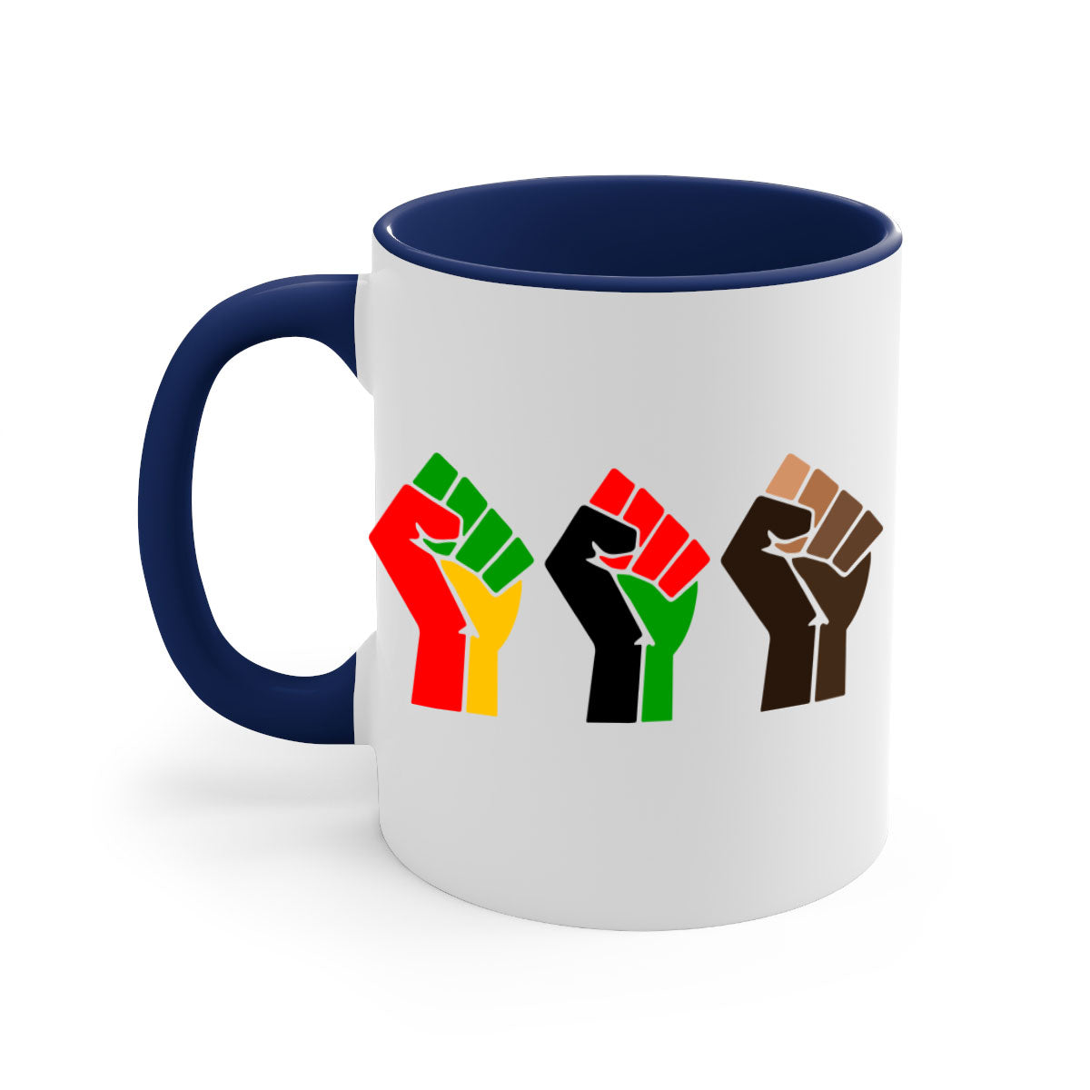 Black Power Fists Mug featuring a glossy finish, colored handle, and interior, available in multiple colors and sizes.