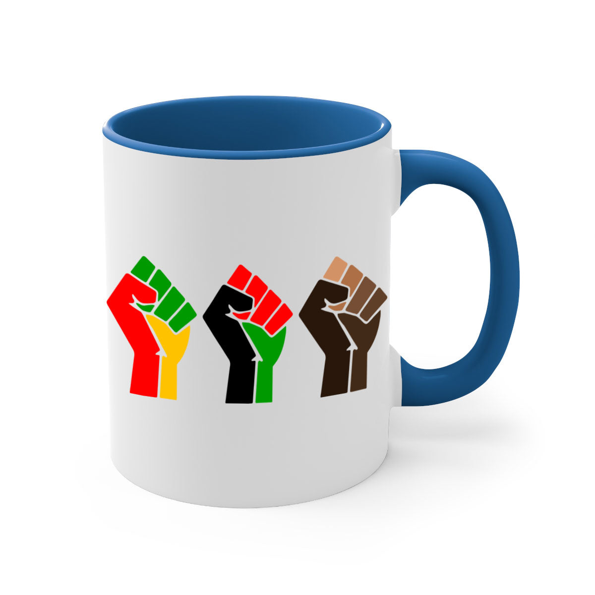 Black Power Fists Mug featuring a glossy finish, colored handle, and interior, available in multiple colors and sizes.