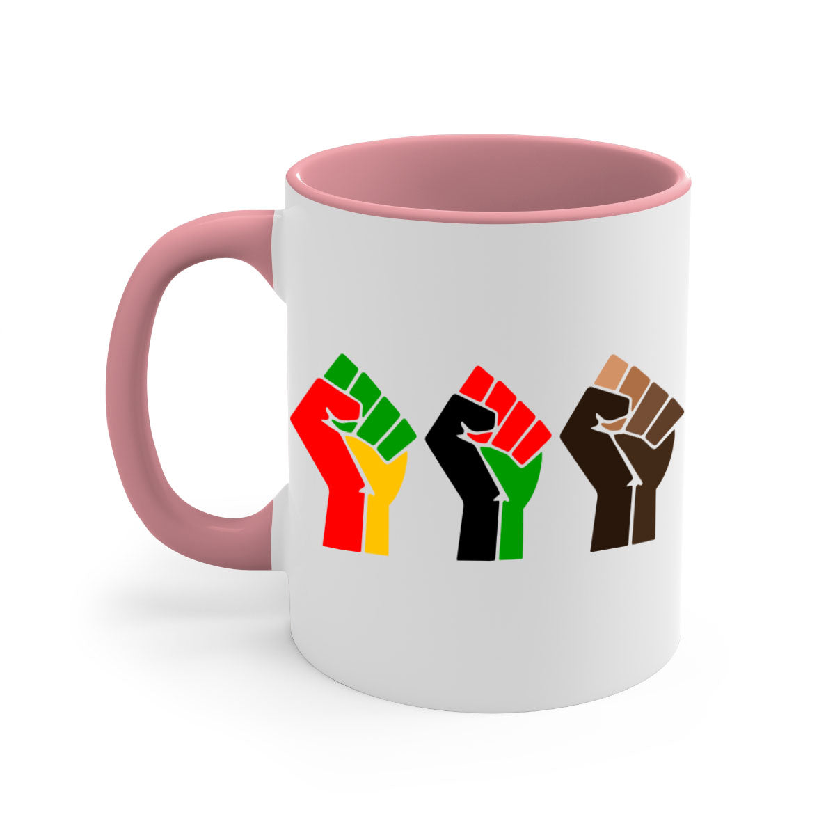 Black Power Fists Mug featuring a glossy finish, colored handle, and interior, available in multiple colors and sizes.