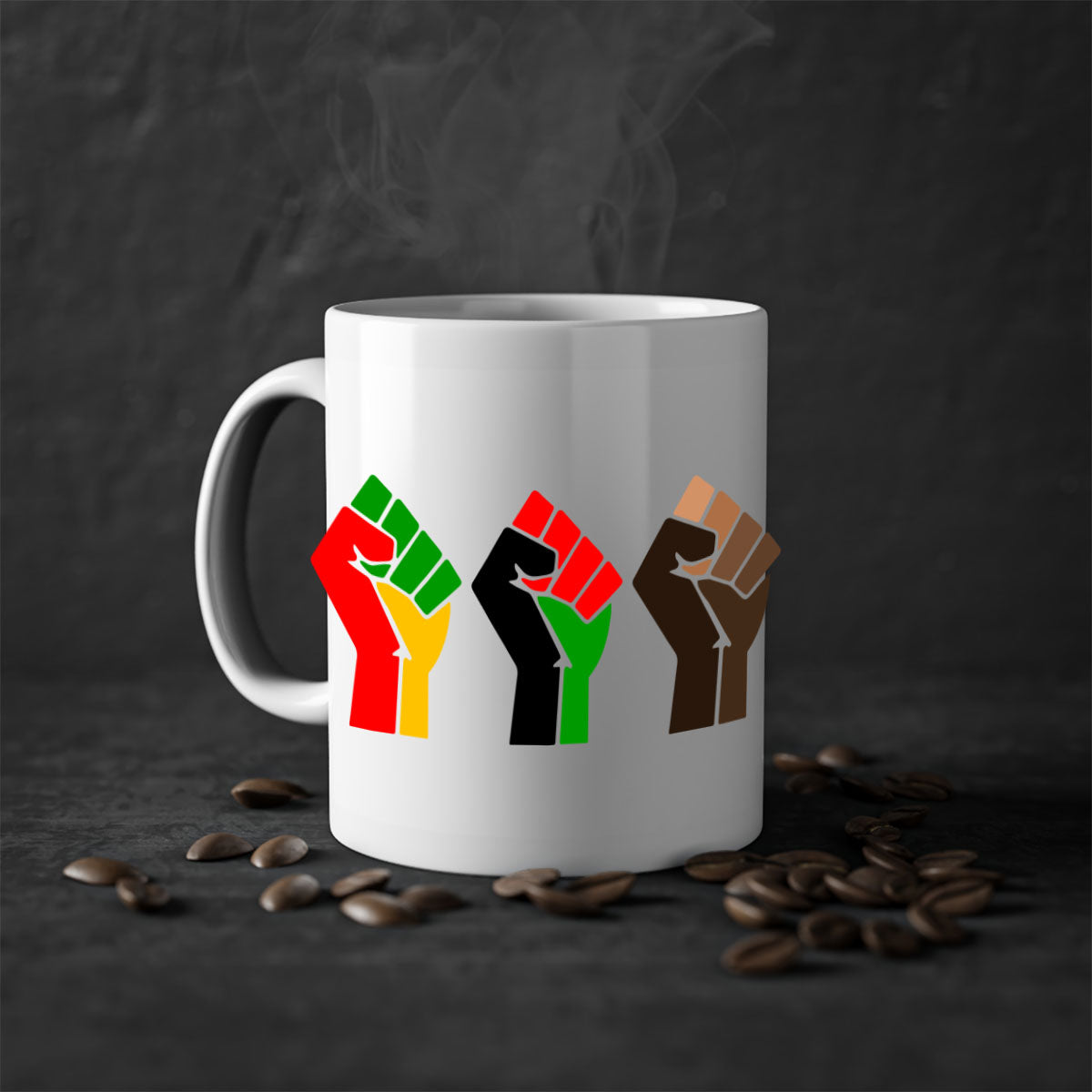 Black Power Fists Mug featuring a glossy finish, colored handle, and interior, available in multiple colors and sizes.