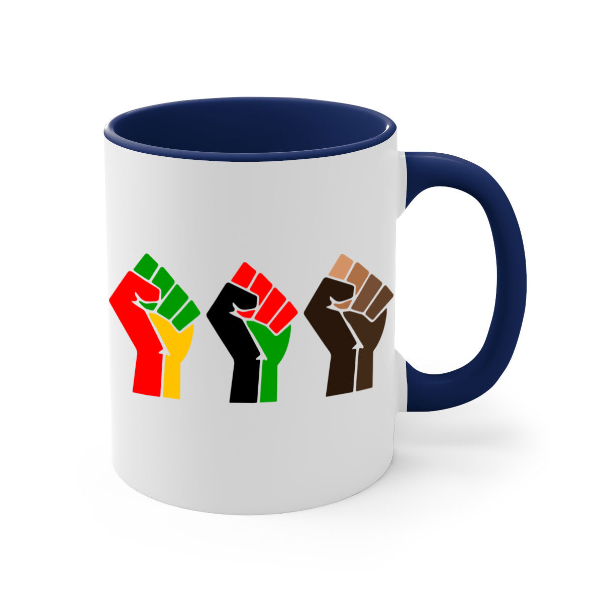Black Power Fists Mug featuring a glossy finish, colored handle, and interior, available in multiple colors and sizes.