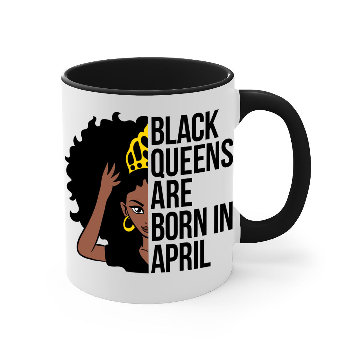 Black Queens Are Born in April Mug with two-tone design, featuring a colored handle and glossy finish.