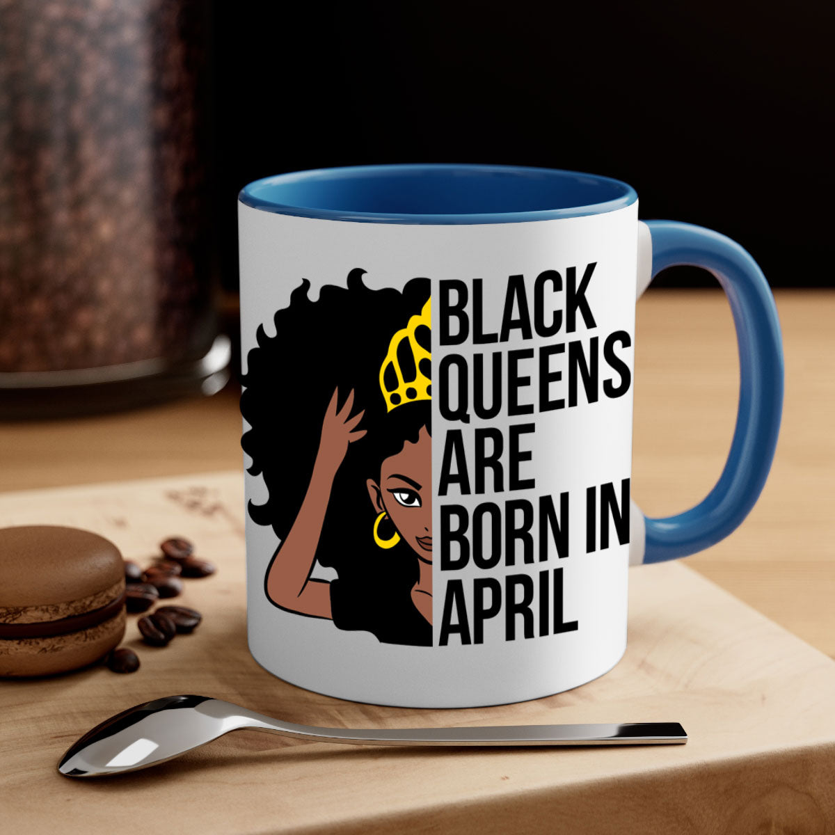 Black Queens Are Born in April Mug with two-tone design, featuring a colored handle and glossy finish.