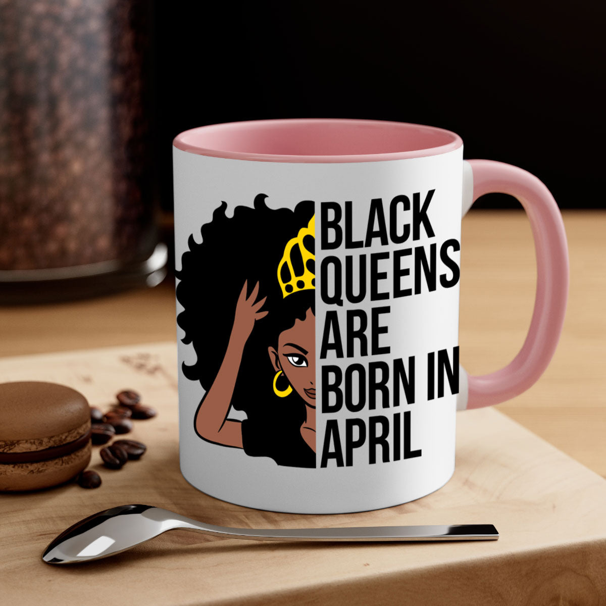 Black Queens Are Born in April Mug with two-tone design, featuring a colored handle and glossy finish.