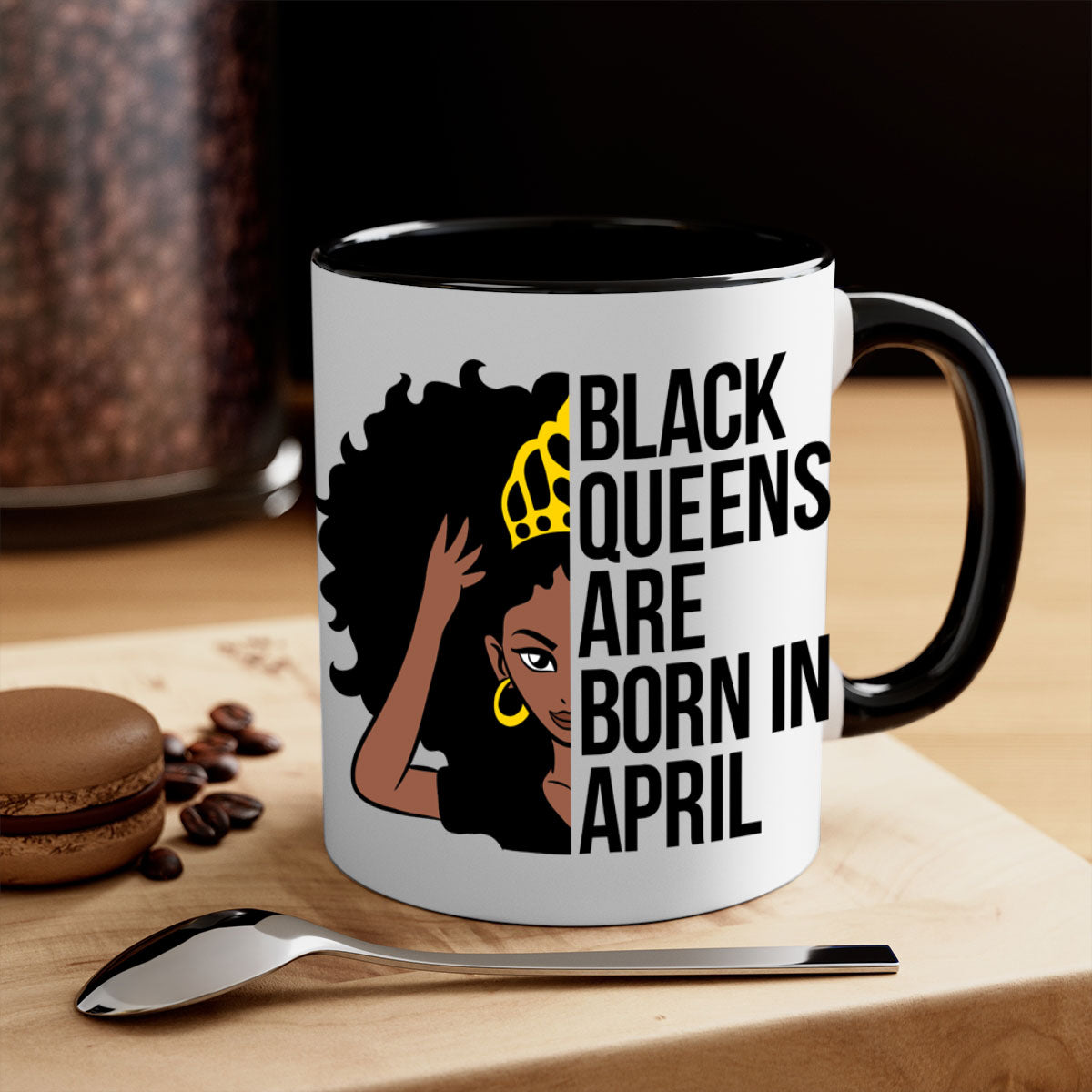 Black Queens Are Born in April Mug with two-tone design, featuring a colored handle and glossy finish.