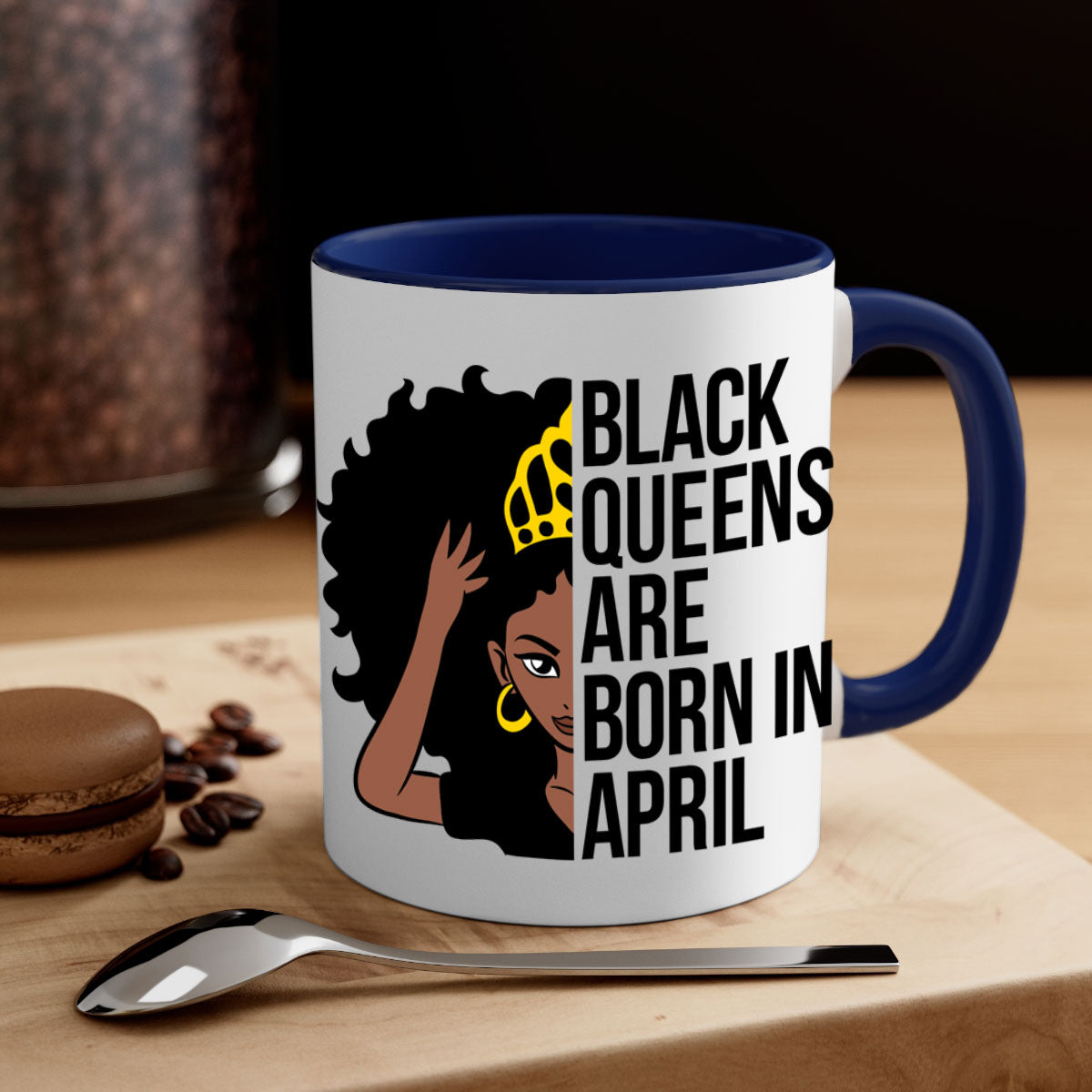 Black Queens Are Born in April Mug with two-tone design, featuring a colored handle and glossy finish.