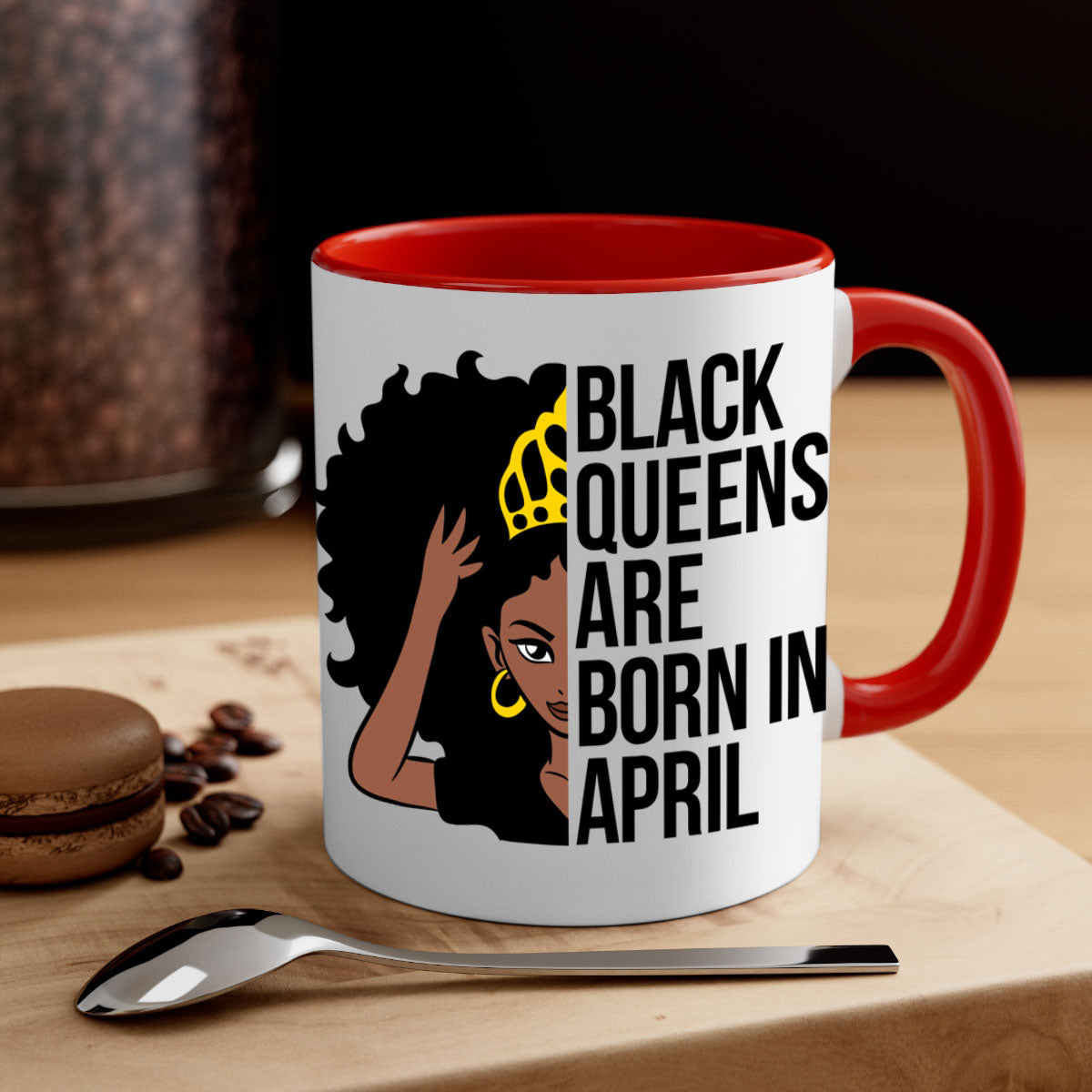 Black Queens Are Born in April Mug with two-tone design, featuring a colored handle and glossy finish.