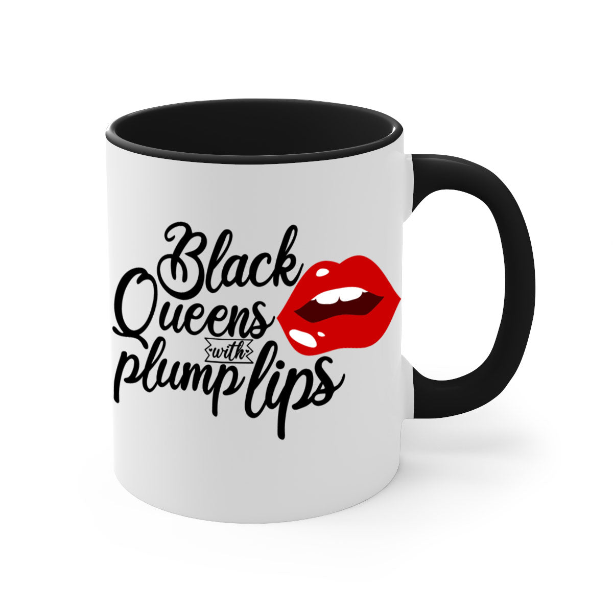 Black Queens Plump Lips Mug with two-tone design, featuring a glossy finish and colored handle, perfect for coffee and tea lovers.