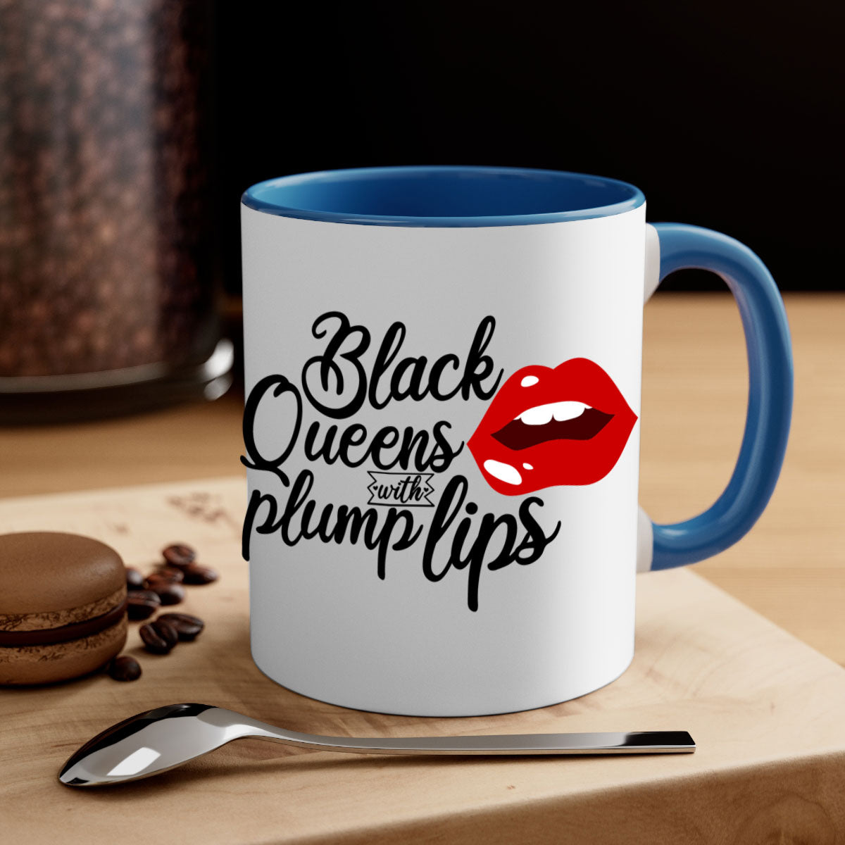 Black Queens Plump Lips Mug with two-tone design, featuring a glossy finish and colored handle, perfect for coffee and tea lovers.