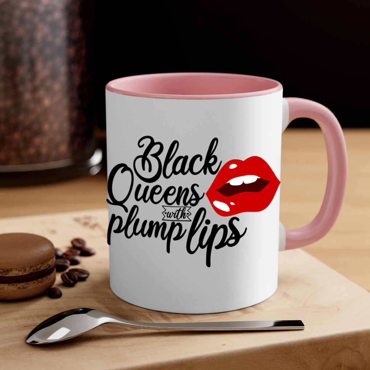 Black Queens Plump Lips Mug with two-tone design, featuring a glossy finish and colored handle, perfect for coffee and tea lovers.