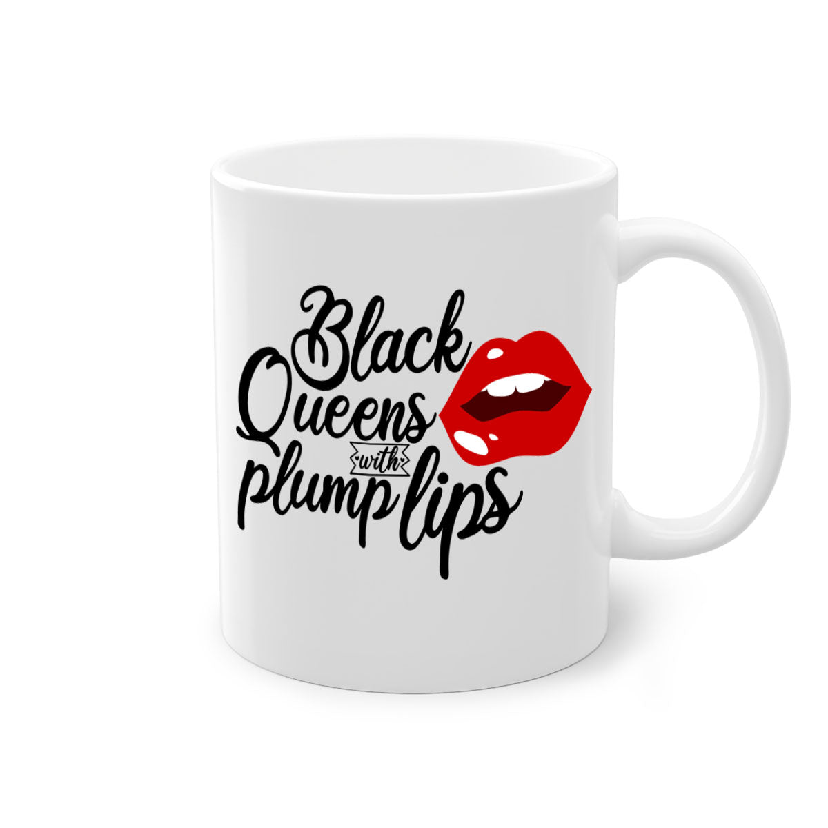 Black Queens Plump Lips Mug with two-tone design, featuring a glossy finish and colored handle, perfect for coffee and tea lovers.